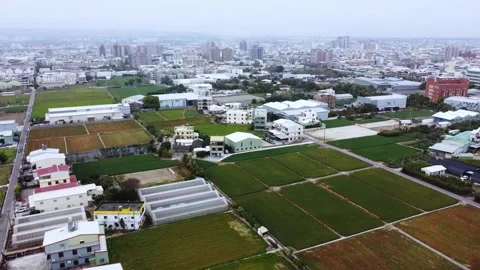 Suburban landscape with houses and patchwork fields, overcast day, serene 動画素材 270031246