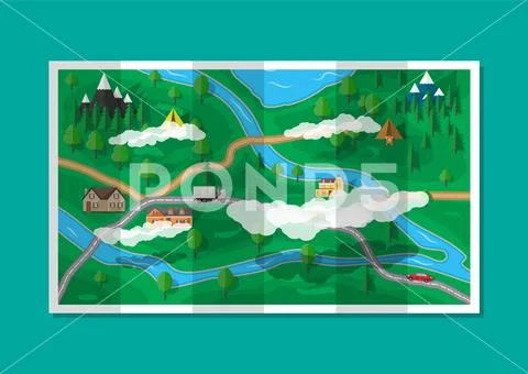 Suburban paper nature map. GPS and navigation Stock Illustration
