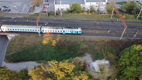 Suburban passenger train aerial view Stock Footage 163051625