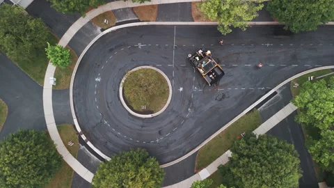 Suburban roadwork development new asphalt road. Aerial top down shot 스톡 동영상 296086699