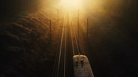 Suburban train goes to sunset through autumn forest. Stock Footage 122956716