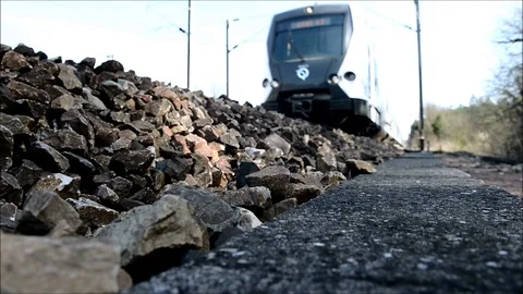 Suburban train passing on rails. Video stock 85631910