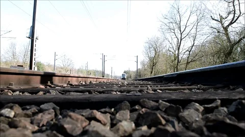 Suburban train passing on rails. Video stock 85631914