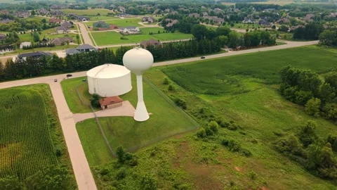 Suburban Water Tower beside Cornfields and Large Homes, Aerial Drone Flyover 動画素材 341854873