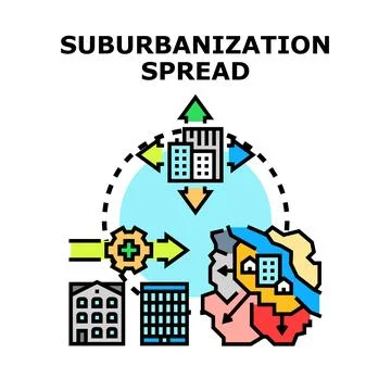 Suburbanization spread growing town and urban development Stock Illustration