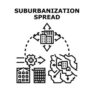 Suburbanization spread growing town and urban development Stock Illustration