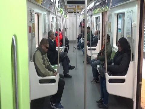 Subway car. Few passengers. Stock Footage 128015474