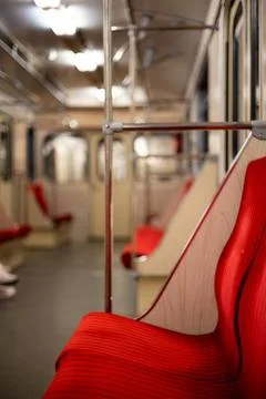Subway car interior. Empty subway carriage, inside modern metro train Stock Photos