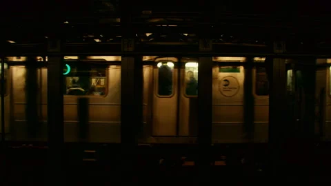 Subway Carriages Behind Dark Platform Columns Stock Footage 348086815