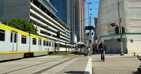 Subway commuter train moving in Los Angeles Downtown, California, 4K Stock Footage 88988866