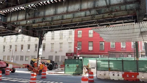 Subway Construction Work Under Elevated Tracks in Bushwick - Brooklyn - USA Stock Footage 312322577