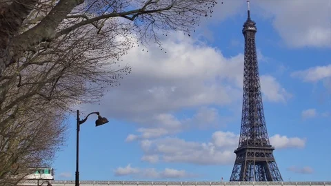 Subway crossing the Seine in Paris with the Eiffel Tower in background Stock Footage 73185601