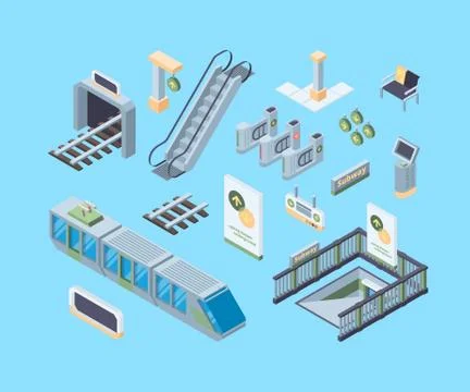 Subway design elements isometric 3D vector illustrations set Stock Illustration