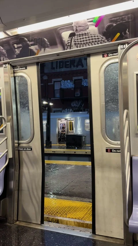 Subway Doors Closing on Rainy Brooklyn Platform During New York City Commute Stock Footage 344989658