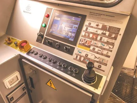 Subway driver's cab. train control buttons, remote communication with the dis Stock Photos