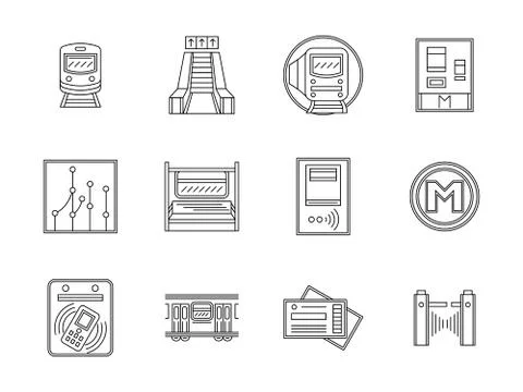 Subway flat line vector icons set Stock Illustration