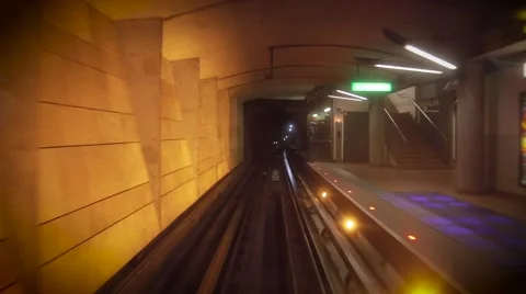 Subway going in dark tunnel. Empty station Stock Footage 58732719