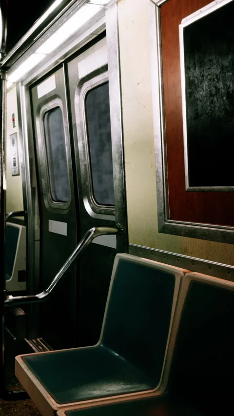 Subway interior with empty seats and metal rail during evening commute Stock Footage 339401855