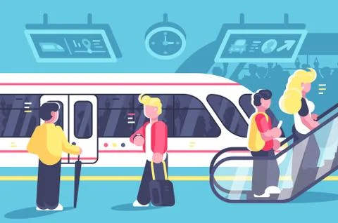 Subway interior with people train and escalator Stock Illustration