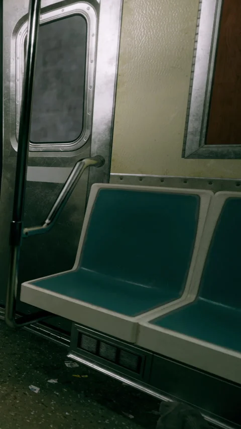 Subway interior showing empty seat and metal pole in the transportation system Stock Footage 339400378