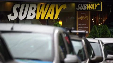 Subway logo in downtown Bucharest Video stock 157185047