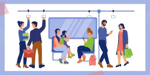 Subway or underground train car interior with commuting passengers. Stock Illustration