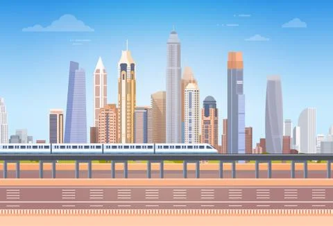 Subway Over City Skyscraper View Cityscape Background Skyline with Copy Space Stock Illustration