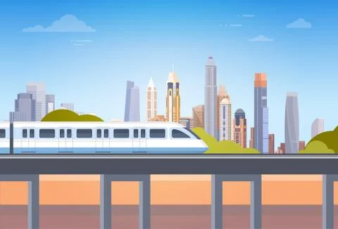 Subway Over City Skyscraper View Cityscape Background Skyline with Copy Space Ilustración de archivo