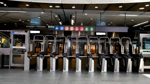 Subway Passes Turnstiles Empty Fulton Street Mall NYC Coronavirus Lockdown Stock Footage 128661753
