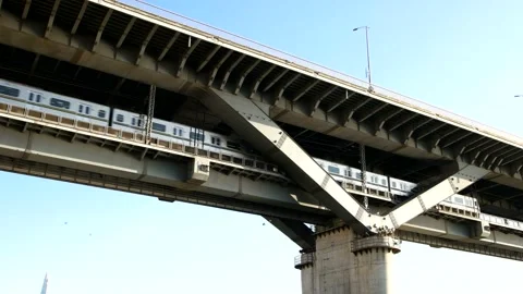 The subway is passing over the bridge. Stock Footage 145968836