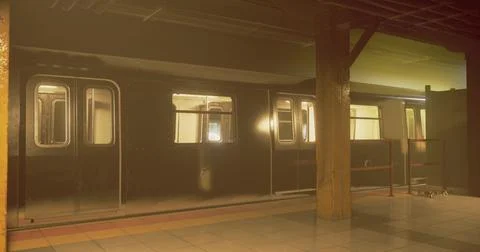Subway platform with train waiting in dimly lit environment at night Stock Illustration
