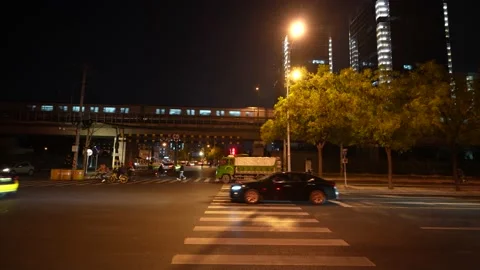 Subway running on the bridge at night Stock Footage 218292507
