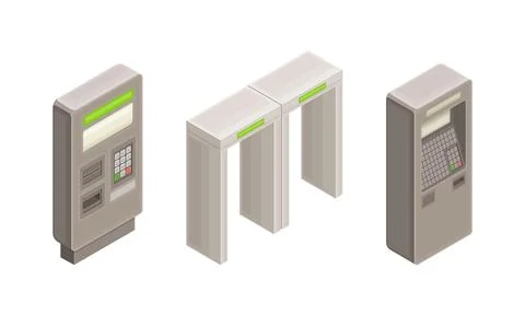 Subway station elements set. Entrance gate and ticket vending machines. Modern Stock Illustration