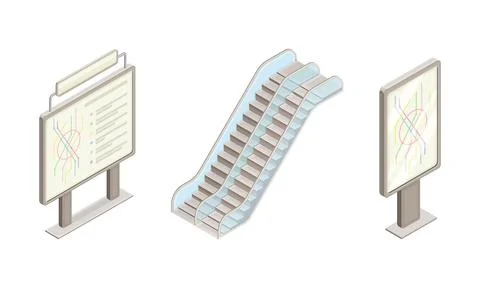 Subway station elements set. Metro map and escalator. Modern railway transport Illustrazione stock