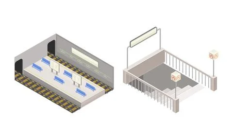 Subway station elements set. Subway platform and entrance. Modern railway Illustrazione stock