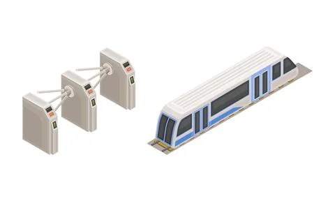 Subway station elements set. Train and entrance gate or turnstile. Modern イラスト素材