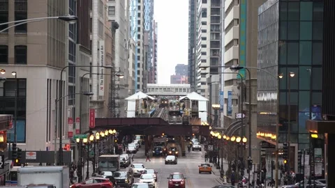 Subway Station on Elevated Track in Chicago CTA Train entering station Stock Footage 147980486