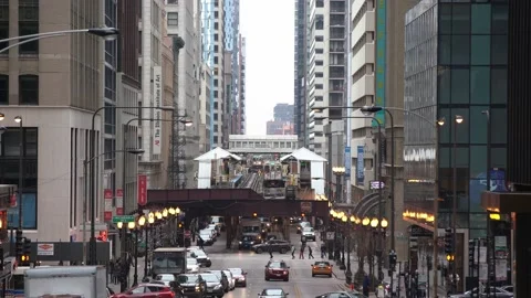 Subway Station on Elevated Track in Chicago CTA Train entering station while  Stock Footage 172219470
