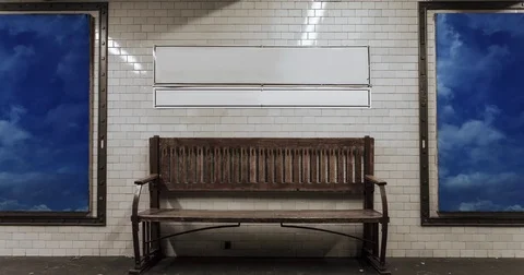 Subway station with old bench and sky moving boards. Looping. Cinemagraphic. Stockbeeldmateriaal 73739016