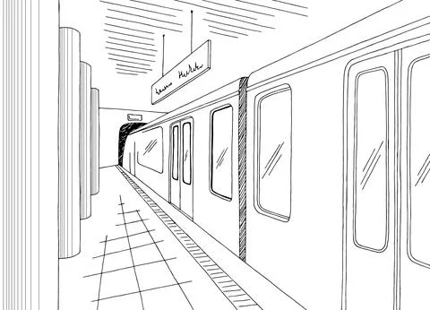 Subway station platform graphic black white sketch illustration vector Stock Illustration