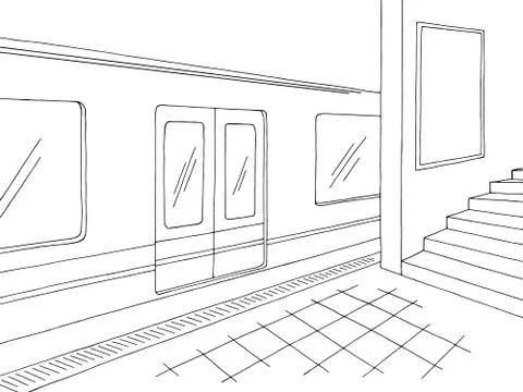 Subway station platform train billboard graphic black white sketch illustration  Stock Illustration