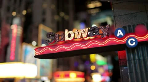 Subway Station Sign blinking lights 42nd st Times Square A C E train night Video stock 10832324