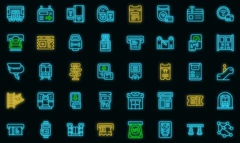 Subway ticket machine icon set neon vector Illustrazione stock