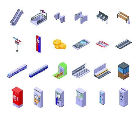 Subway ticket machine icons set isometric vector. Vending atm Stockillustratie