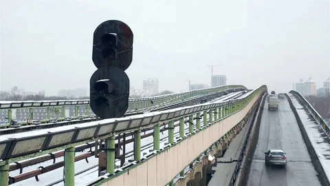 Subway train and traffic on a bridge Stock Footage 72167432