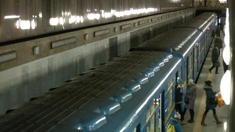 Subway train arrives at the platform. Stock Photos