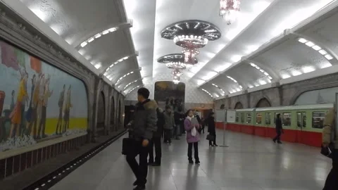 Subway train arriving on the Pyongyang Metro, North Korea Stock Footage 325360775