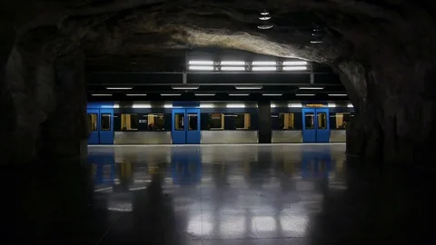 Subway train arriving to underground metro station Stock Footage 71187305