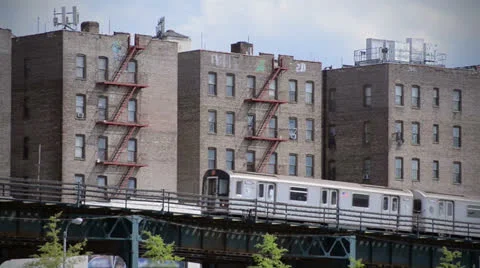 Subway Train in Bronx New York City USA - Ghetto Tenement Project Poverty NYC Stock Footage
