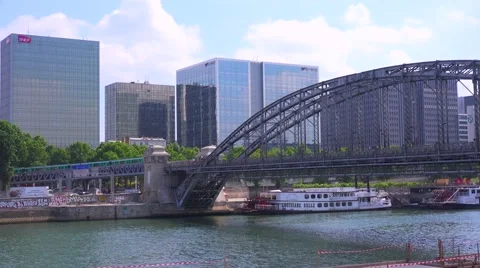 A subway train crosses a bridge in Paris. Stock Footage 41579805